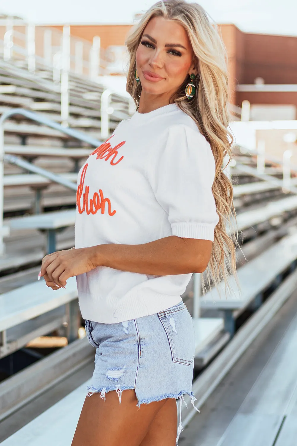 White Touchdown Tinsel Puff Short Sleeve Crew Neck Sweater sold by Beagle Boutique product image thumbnail 3