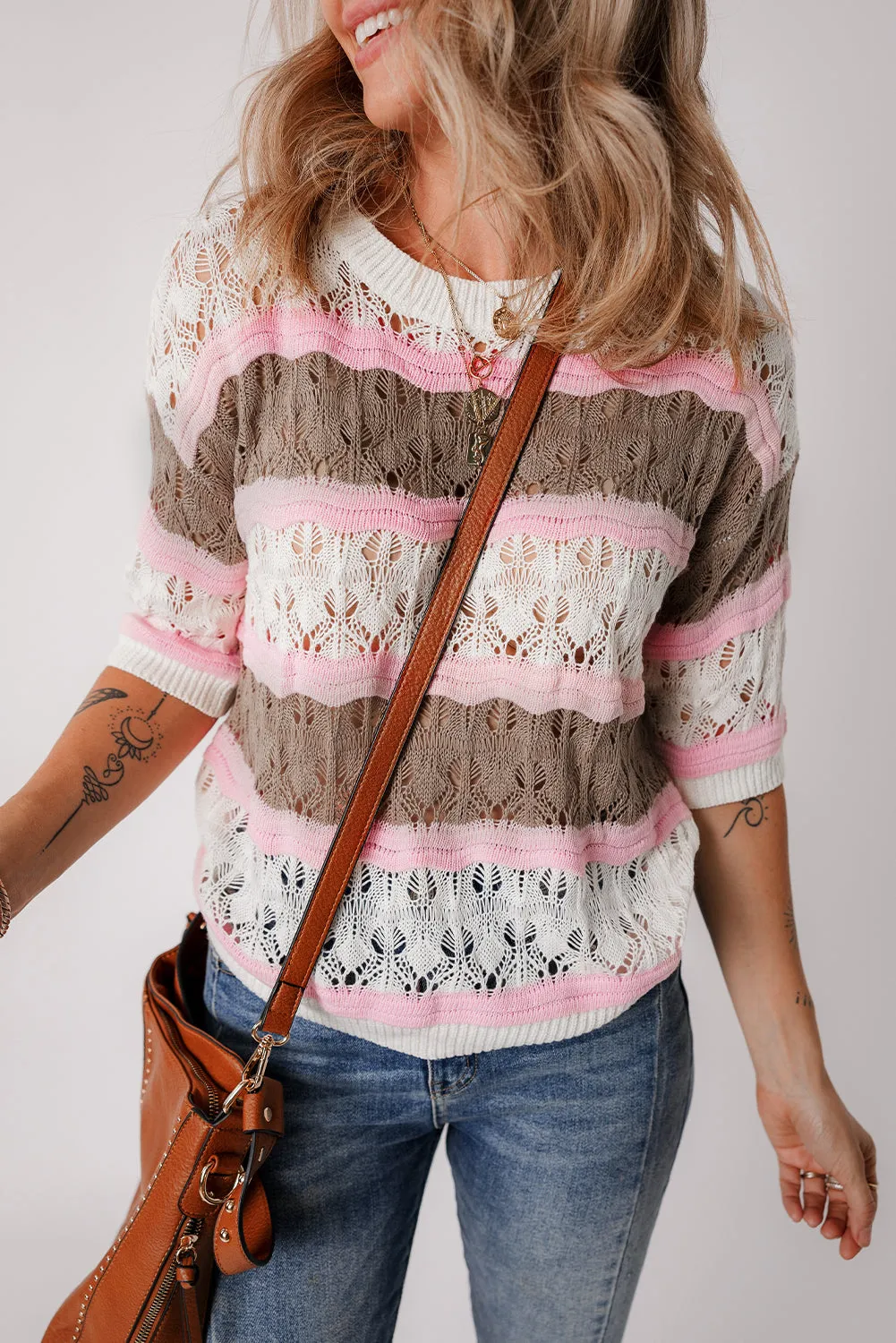 Brown Stripe Colour Block Hollow Out Crochet Half Sleeve Sweater sold by Beagle Boutique product image thumbnail 3