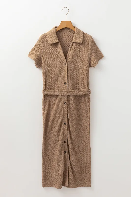 Buckskin Short Sleeve Textured Button Up Tie Waist Long Dress sold by Beagle Boutique