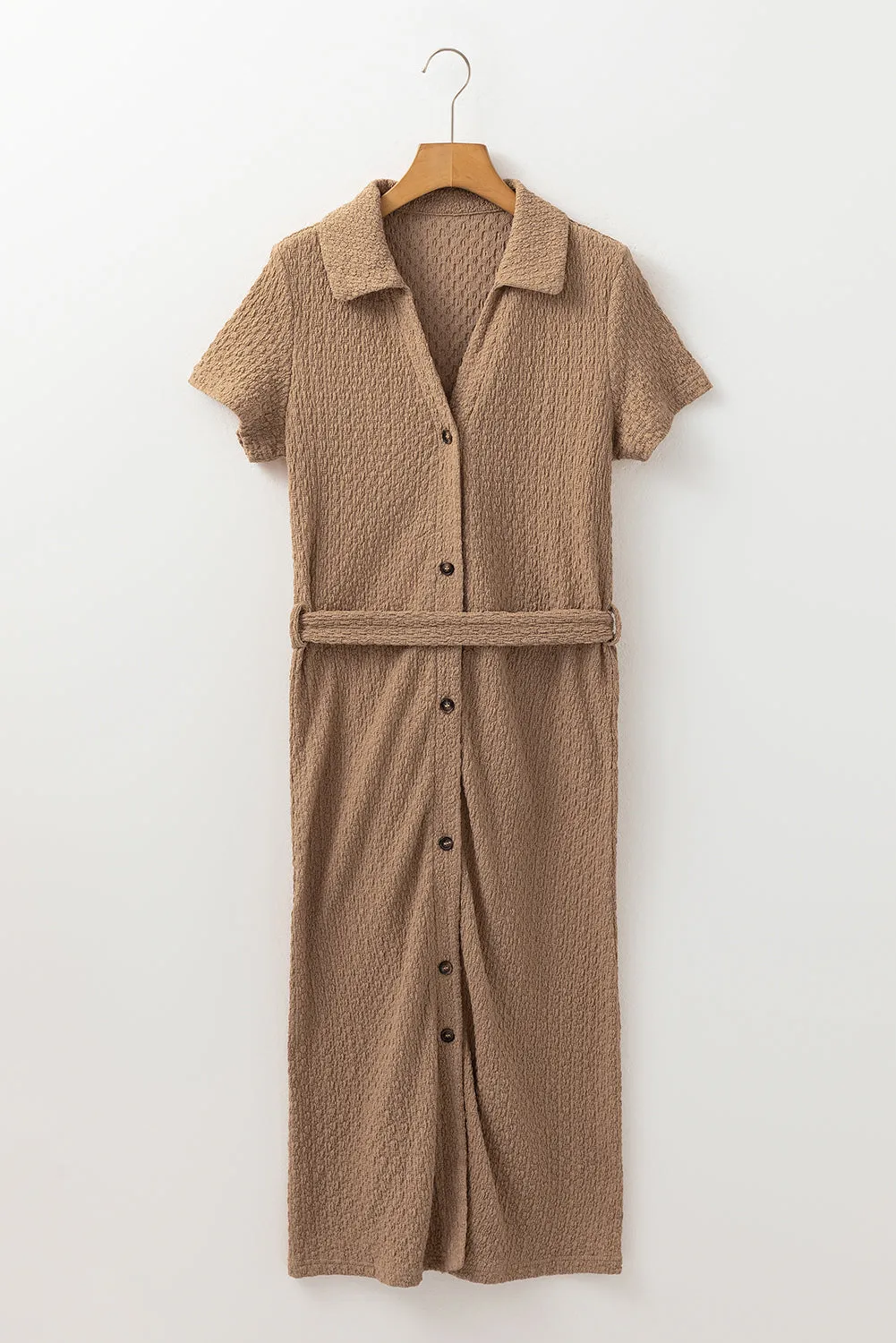 Buckskin Short Sleeve Textured Button Up Tie Waist Long Dress sold by Beagle Boutique