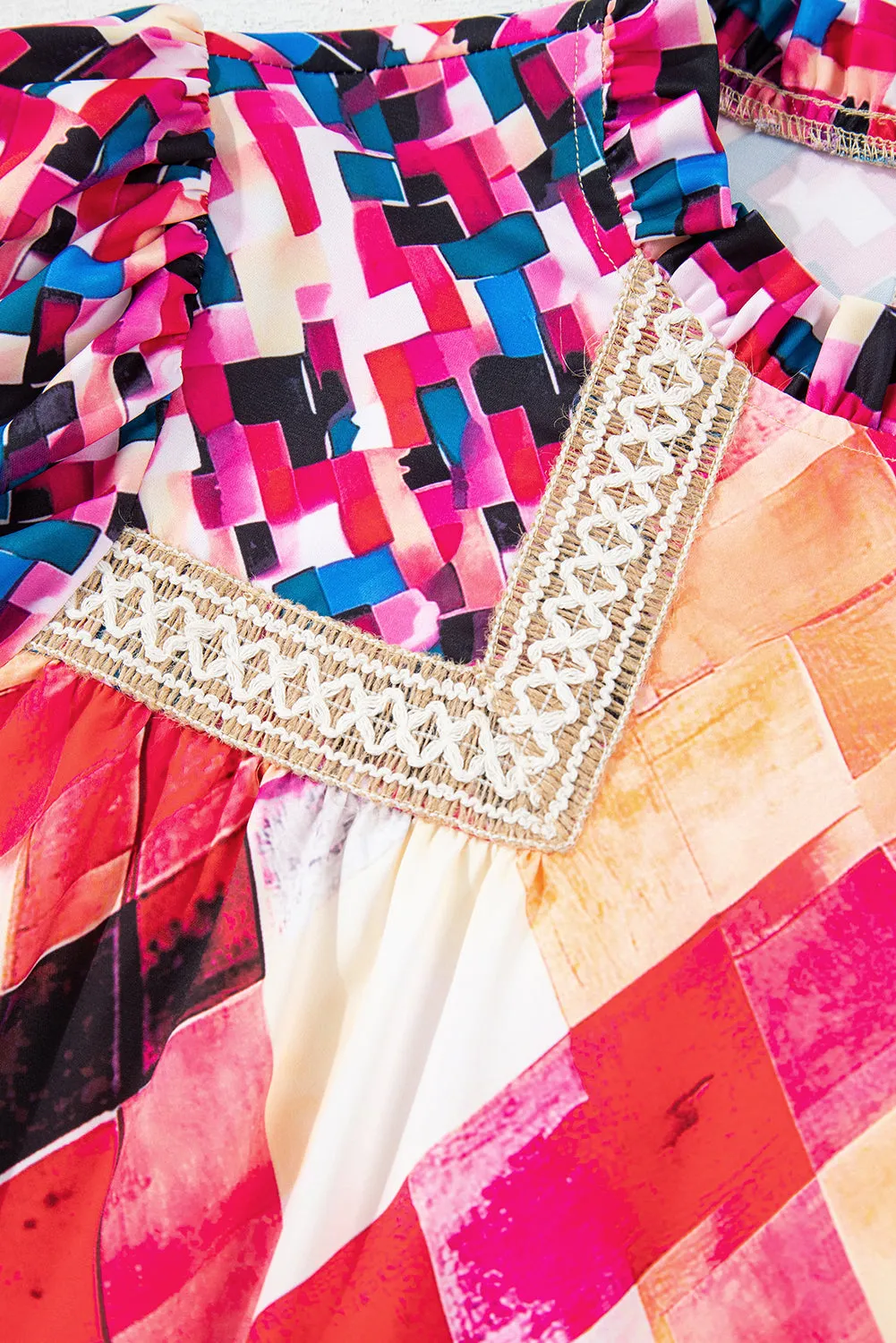 Rose Red Abstract Geometric Pattern Patchwork Puff Sleeve Blouse sold by Beagle Boutique product image thumbnail 5