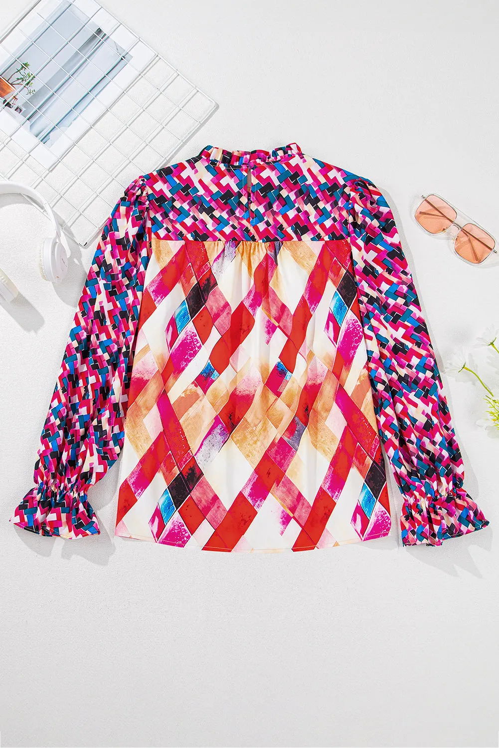 Rose Red Abstract Geometric Pattern Patchwork Puff Sleeve Blouse sold by Beagle Boutique product image thumbnail 2