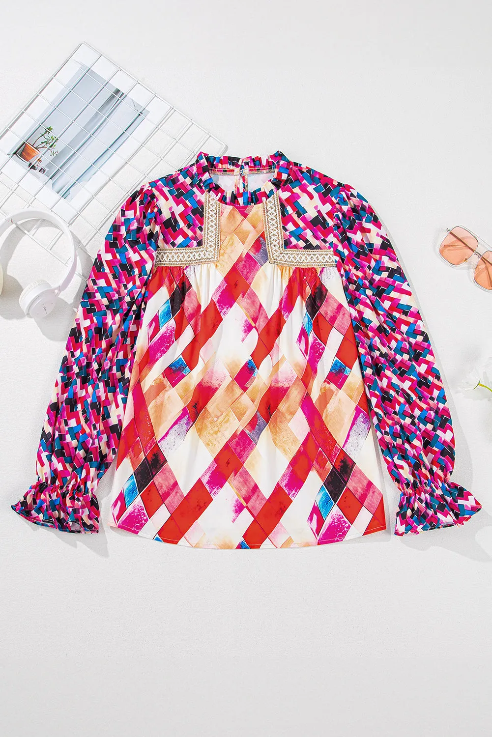 Rose Red Abstract Geometric Pattern Patchwork Puff Sleeve Blouse sold by Beagle Boutique