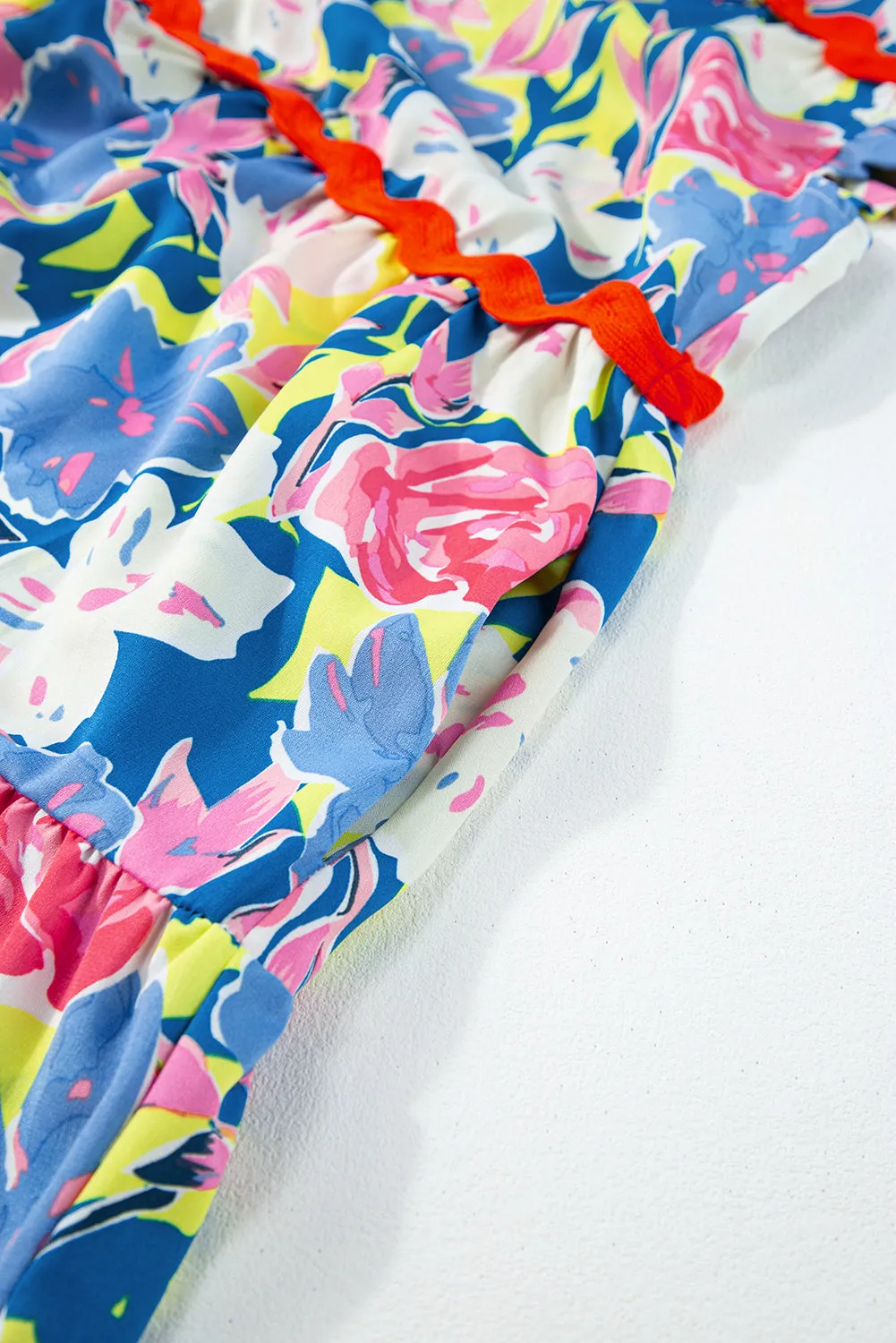 Pink Floral Printed V Notched Ric Rac Flutter Sleeve Dress sold by Beagle Boutique product image thumbnail 3