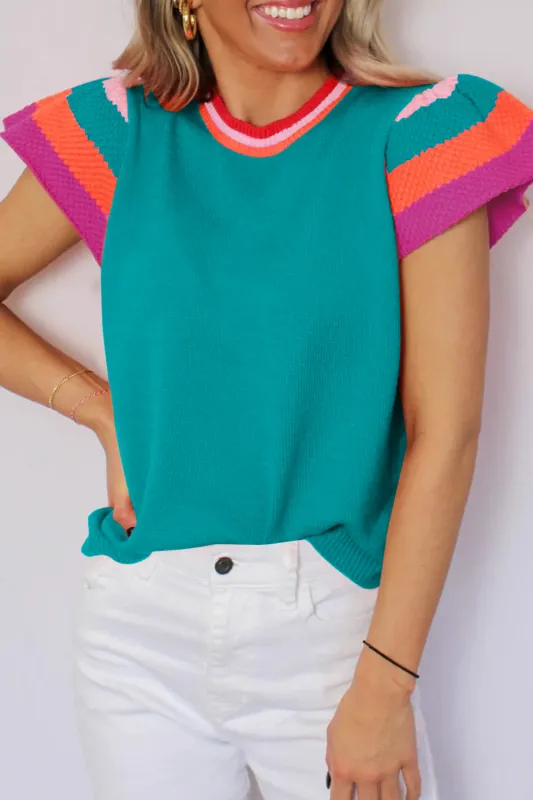 Turquoise Contrast Flutter Sleeves Knitted Sweater T Shirt sold by Beagle Boutique