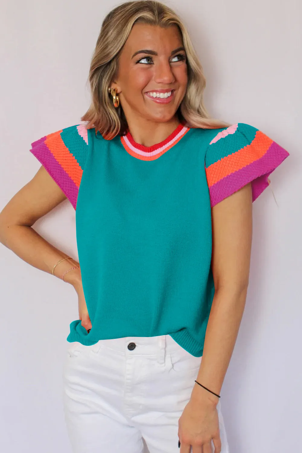 Turquoise Contrast Flutter Sleeves Knitted Sweater T Shirt sold by Beagle Boutique product image thumbnail 3
