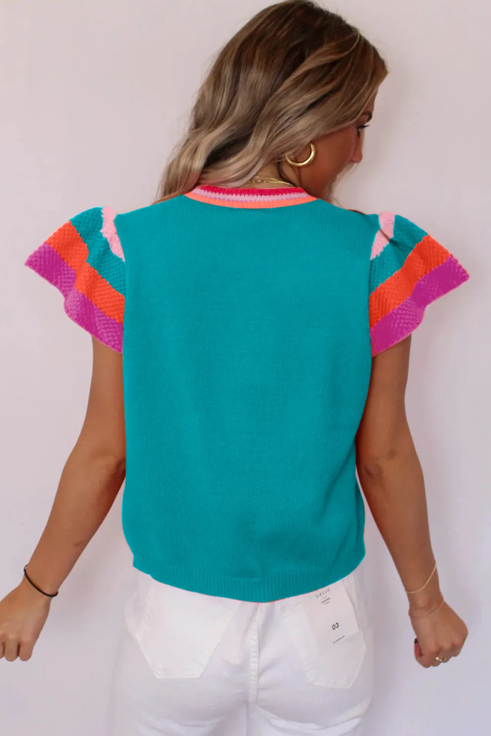 Turquoise Contrast Flutter Sleeves Knitted Sweater T Shirt sold by Beagle Boutique product image thumbnail 2