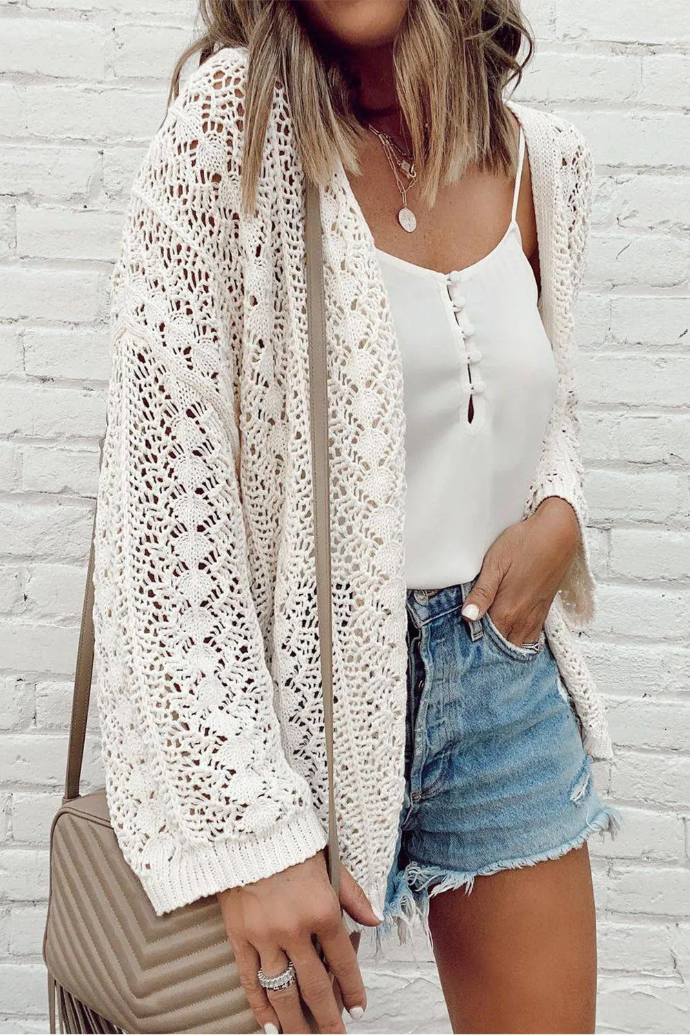White Stylish Hollow Out Knit Drop Shoulder Cardigan sold by Beagle Boutique product image thumbnail 2