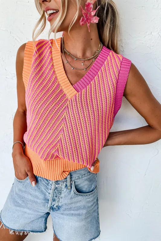 Strawberry Pink Contrast Chevron Knit V Neck Sweater Vest sold by Beagle Boutique