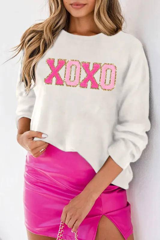 White XOXO Glitter Print Round Neck Casual Sweater sold by Beagle Boutique
