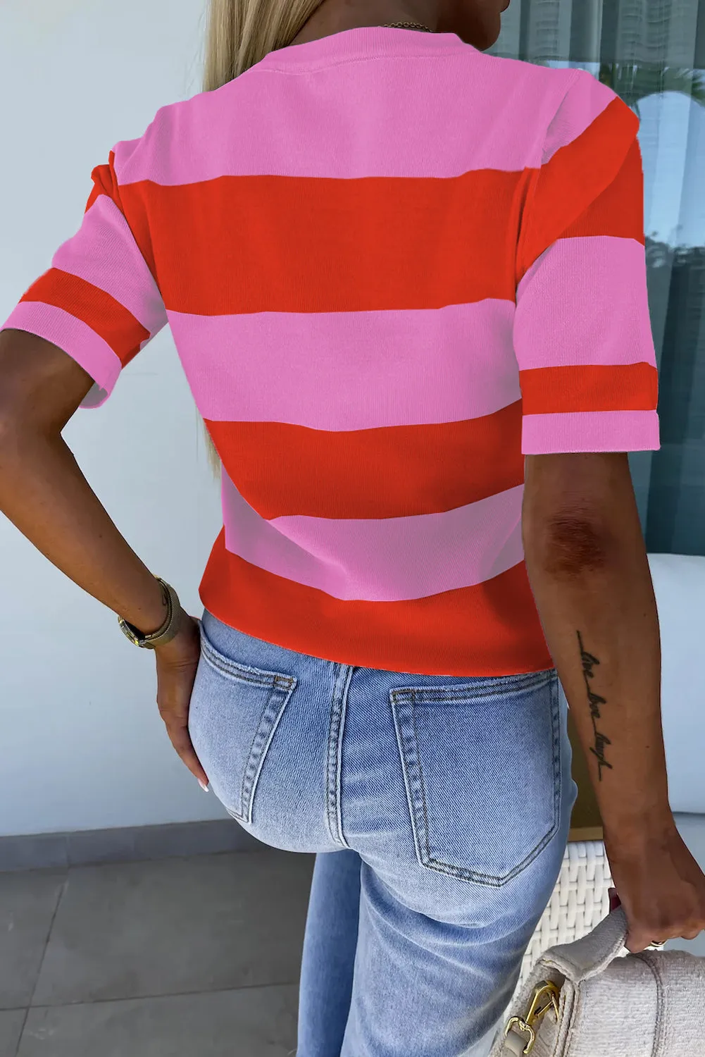 Bright Pink Colorblock Striped Knitted T shirt sold by Beagle Boutique product image thumbnail 2