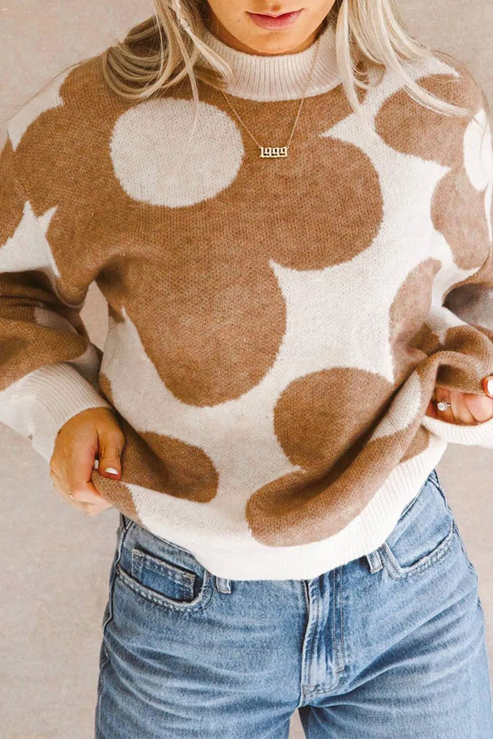 Khaki Big Flower Pattern Drop Shoulder Sweater sold by Beagle Boutique