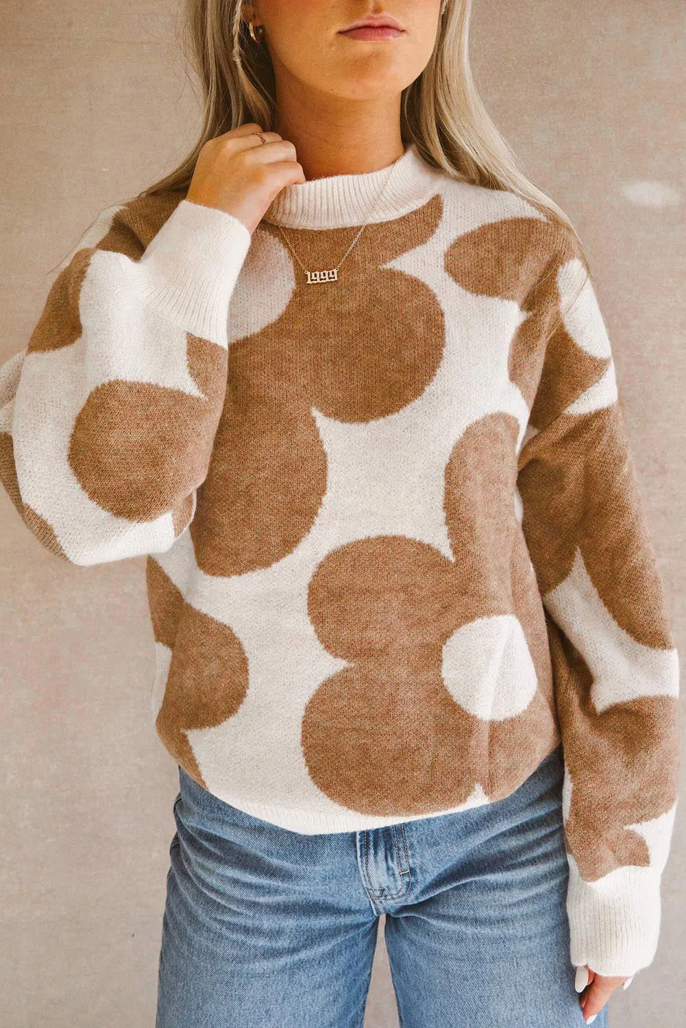 Khaki Big Flower Pattern Drop Shoulder Sweater sold by Beagle Boutique product image thumbnail 3