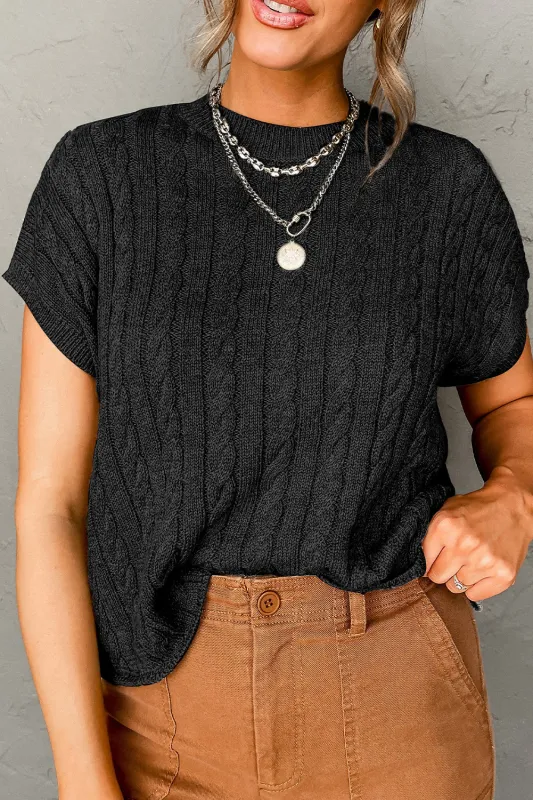 Black Crew Neck Cable Knit Short Sleeve Sweater sold by Beagle Boutique