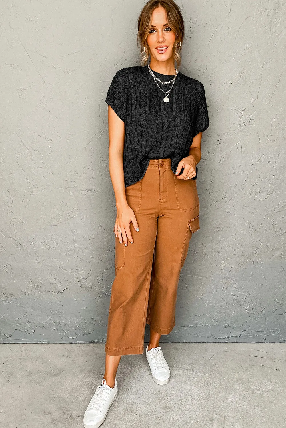 Black Crew Neck Cable Knit Short Sleeve Sweater sold by Beagle Boutique product image thumbnail 4