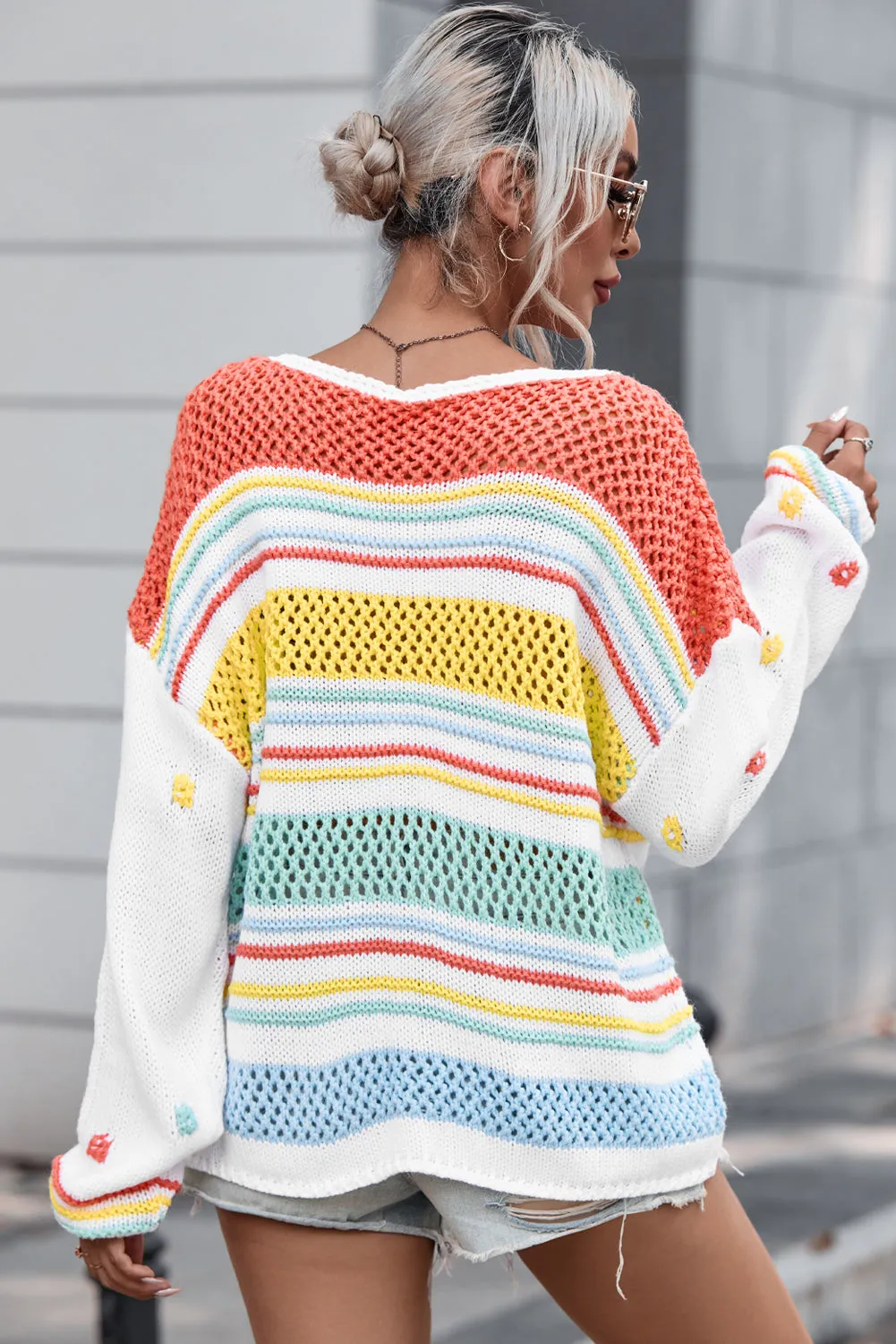 Multicolor Hollow Striped Knit Contrast Sleeve Sweater sold by Beagle Boutique product image thumbnail 4