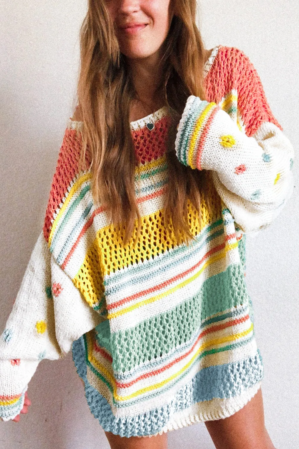 Multicolor Hollow Striped Knit Contrast Sleeve Sweater sold by Beagle Boutique product image thumbnail 2