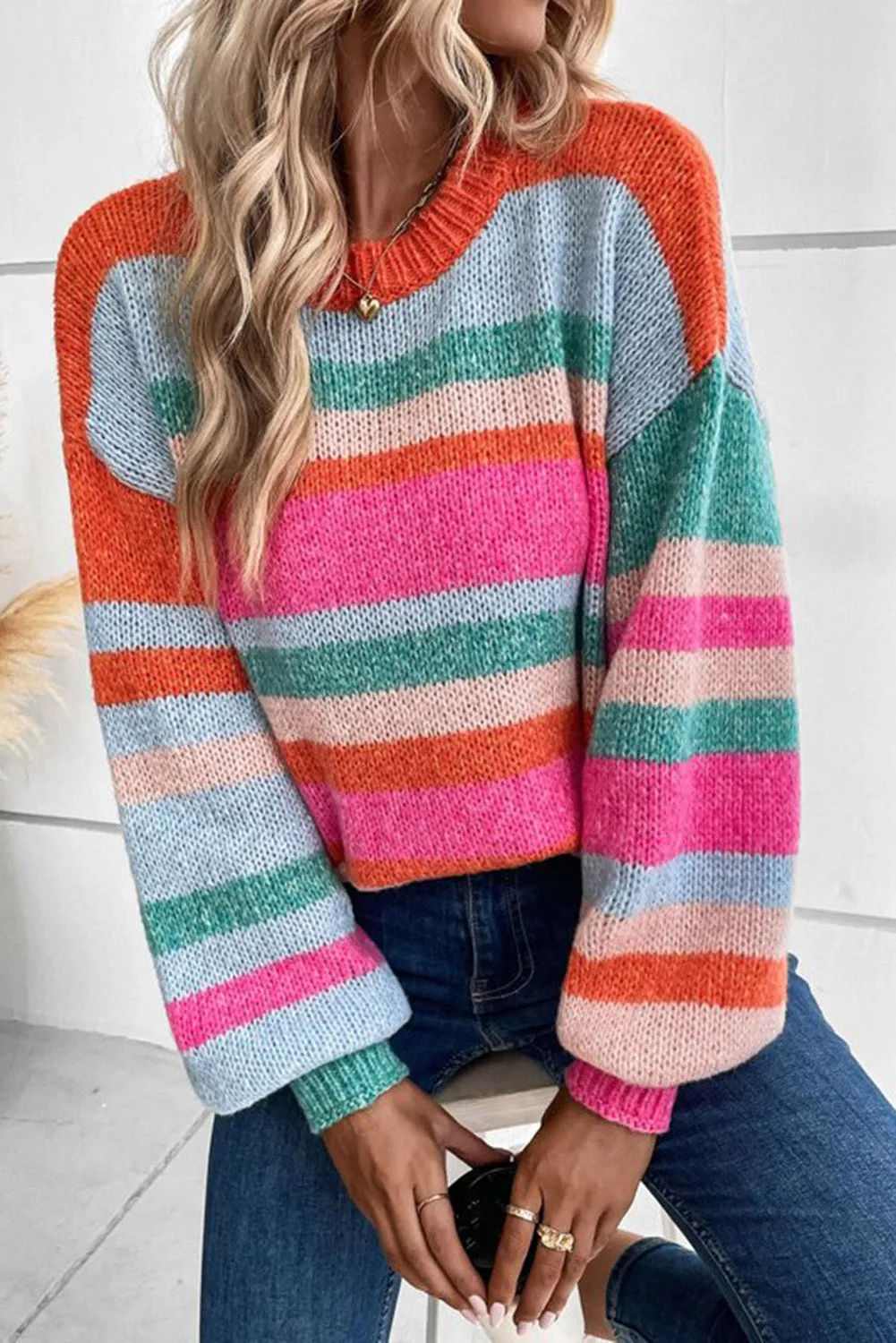 MultiColour Striped Knit Drop Shoulder Puff Sleeve Sweater sold by Beagle Boutique product image thumbnail 3
