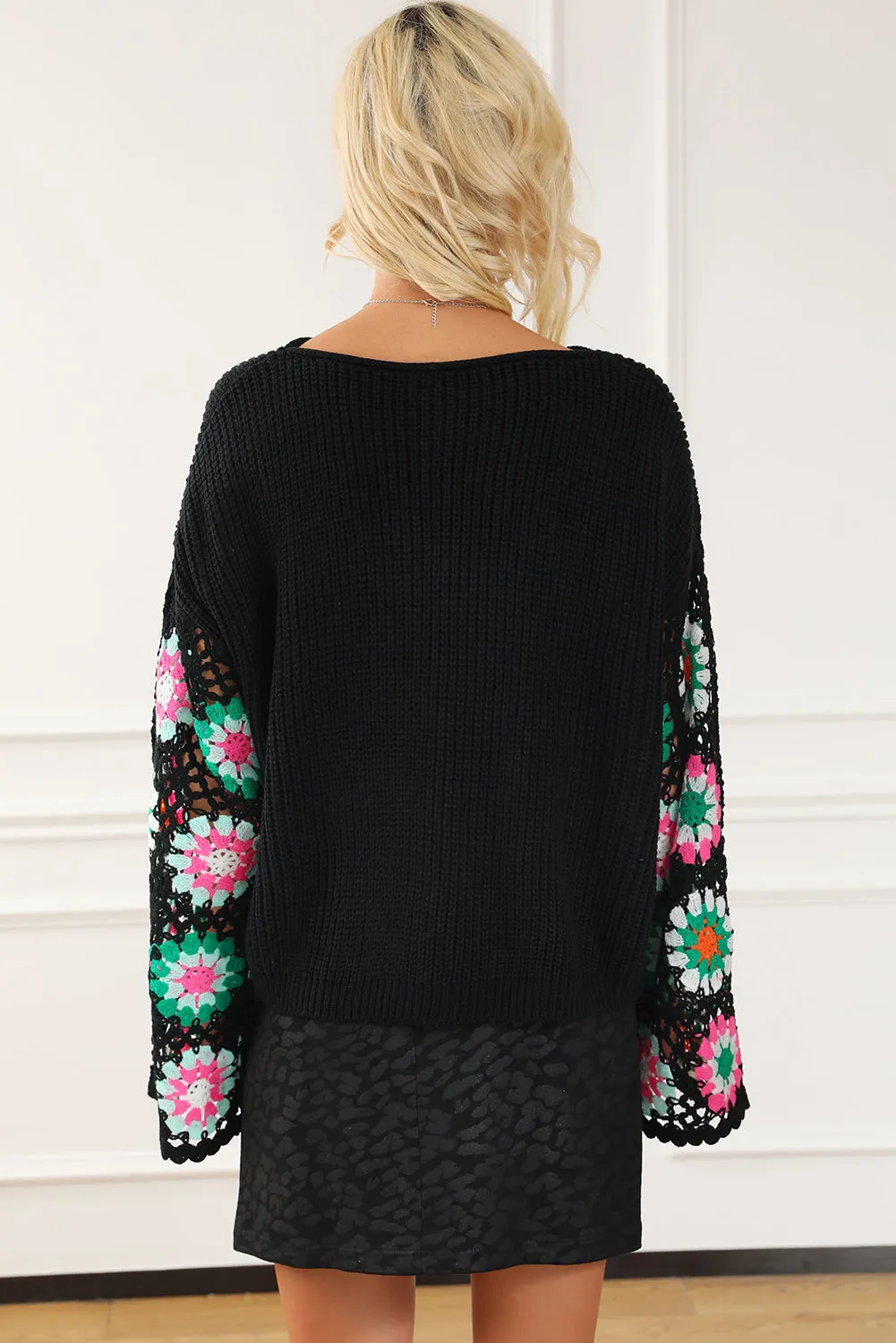 Black Floral Crochet Bell Sleeve Loose Sweater sold by Beagle Boutique product image thumbnail 4