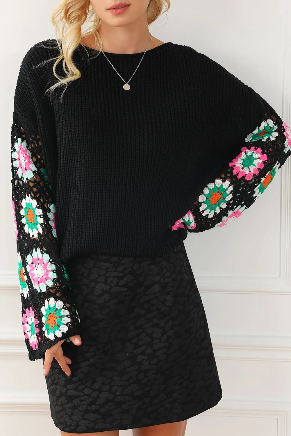 Black Floral Crochet Bell Sleeve Loose Sweater sold by Beagle Boutique product image thumbnail 3