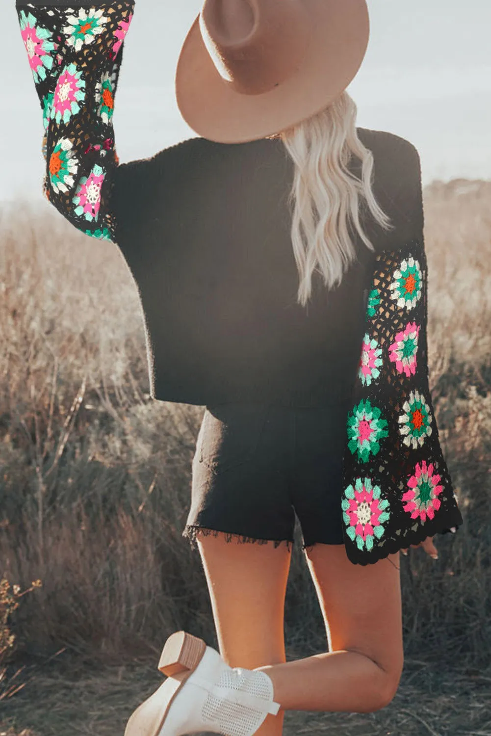 Black Floral Crochet Bell Sleeve Loose Sweater sold by Beagle Boutique product image thumbnail 2