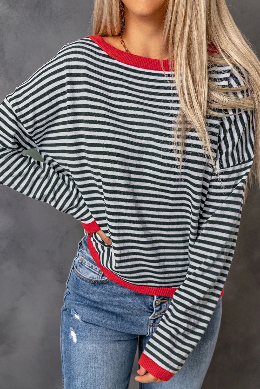 Contrast Trimmed Striped Drop Shoulder Sweater sold by Beagle Boutique product image thumbnail 4