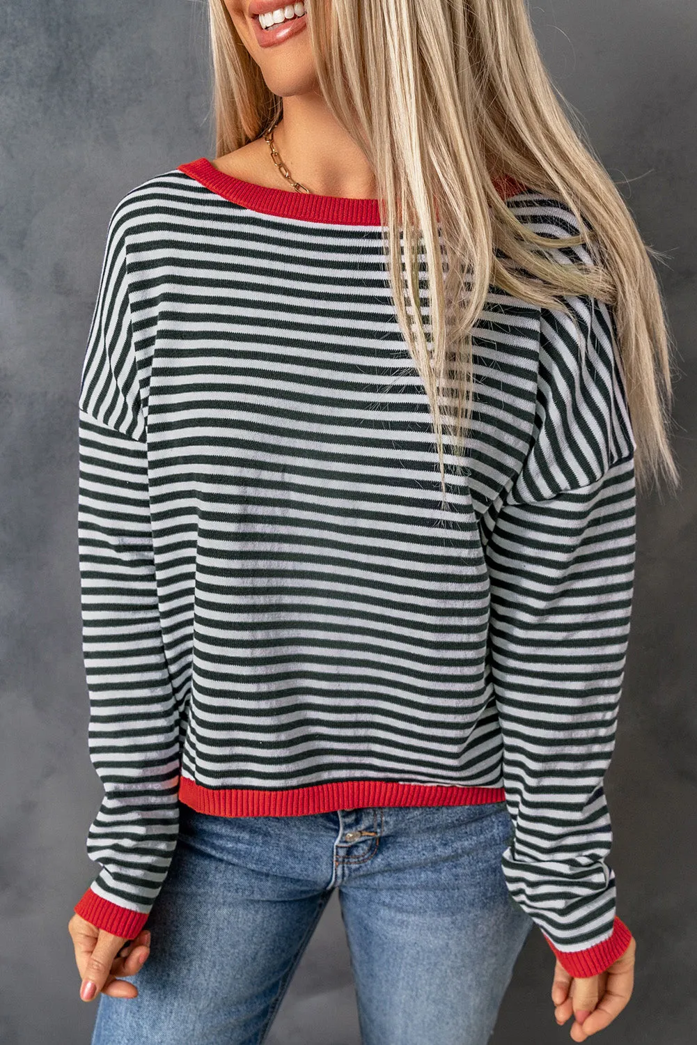 Contrast Trimmed Striped Drop Shoulder Sweater sold by Beagle Boutique