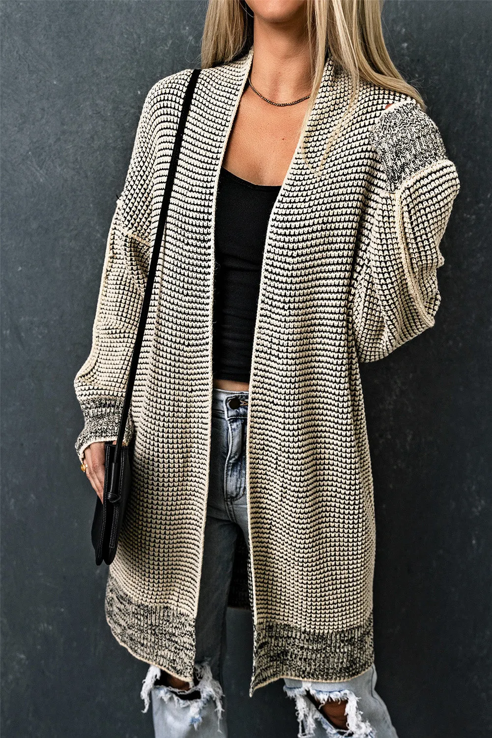 Beige Plaid Knitted Long Open Front Cardigan sold by Beagle Boutique product image thumbnail 5