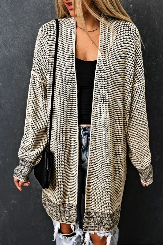 Beige Plaid Knitted Long Open Front Cardigan sold by Beagle Boutique