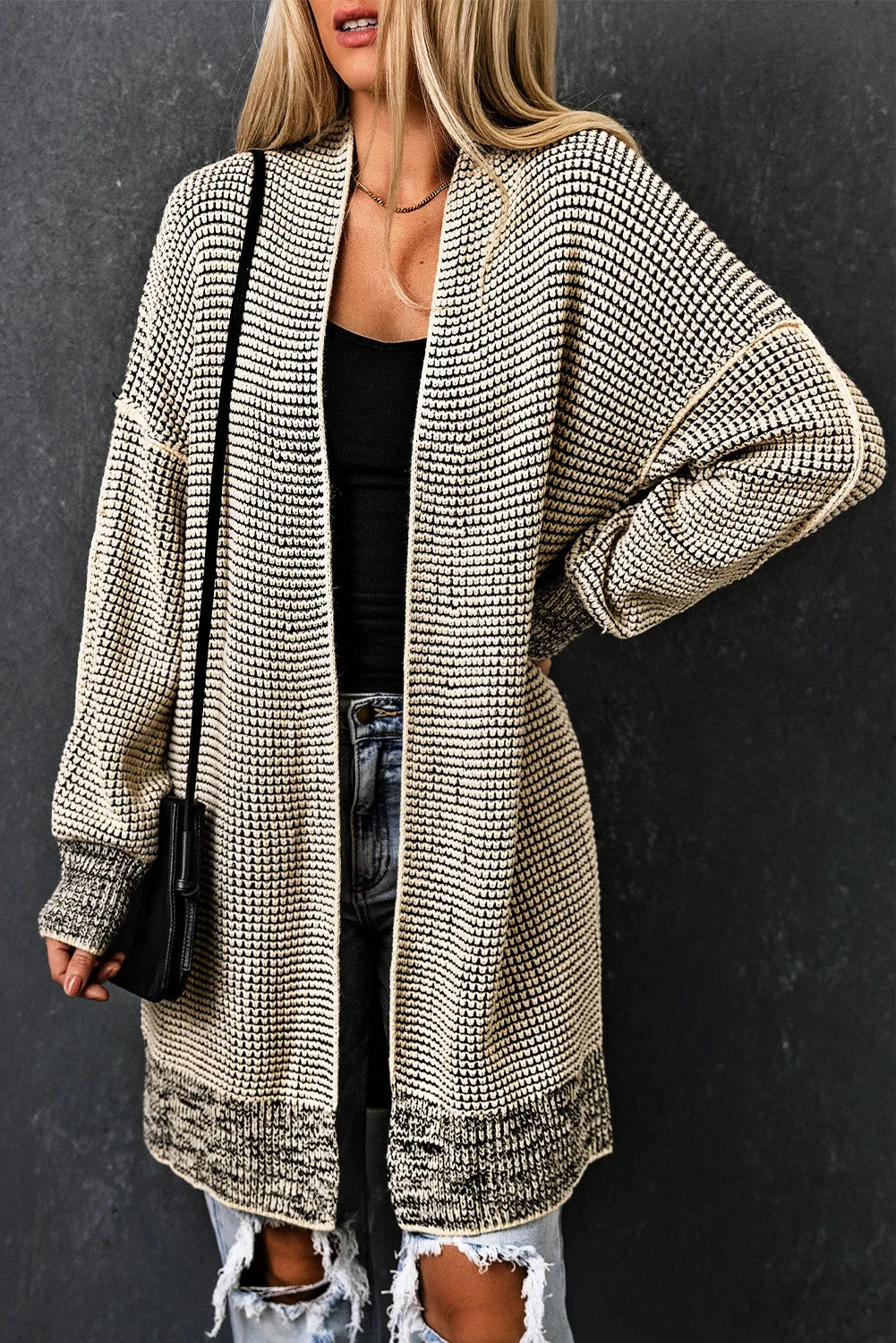 Beige Plaid Knitted Long Open Front Cardigan sold by Beagle Boutique product image thumbnail 3