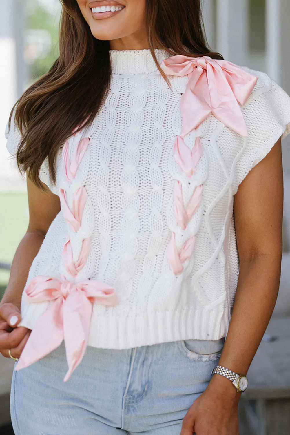 White Cable Knit Colorblock Satin Bowknot Short Sleeve Sweater sold by Beagle Boutique
