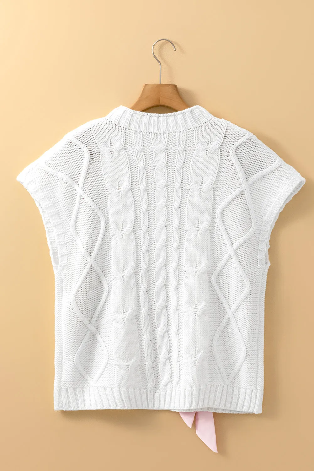 White Cable Knit Colorblock Satin Bowknot Short Sleeve Sweater sold by Beagle Boutique product image thumbnail 5