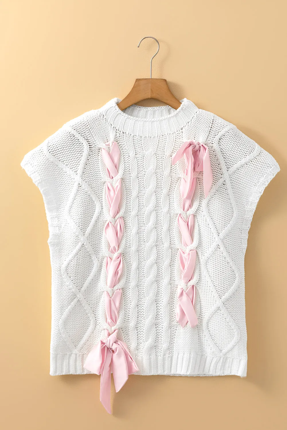 White Cable Knit Colorblock Satin Bowknot Short Sleeve Sweater sold by Beagle Boutique product image thumbnail 4