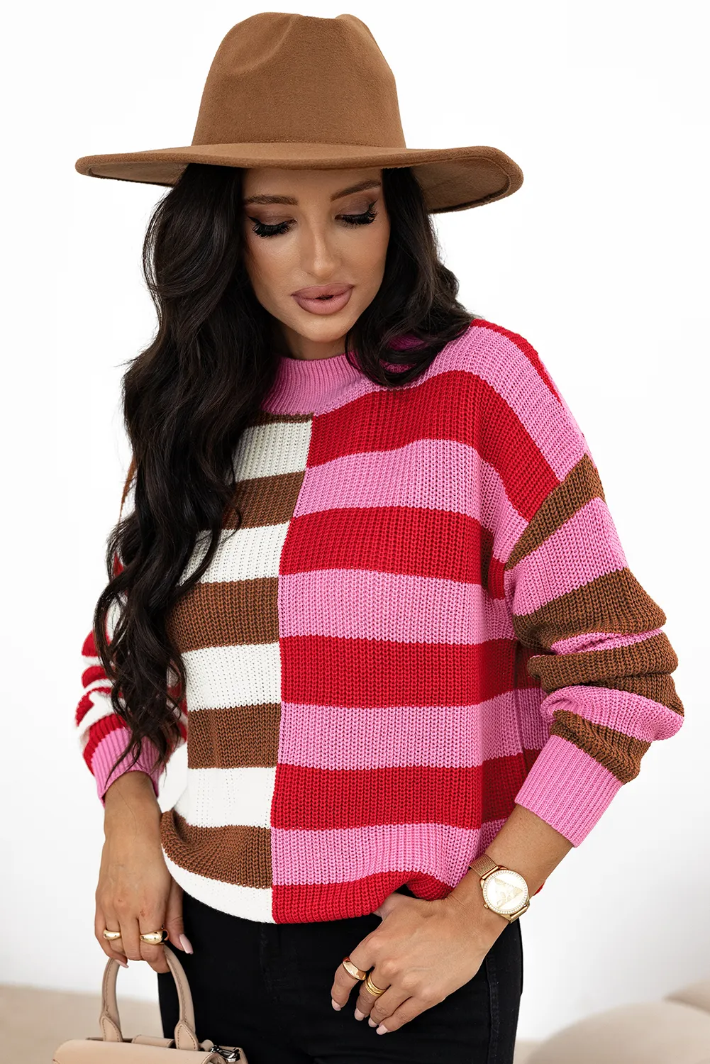 Pink Stripe Colour Block High Neck Drop Shoulder Loose Sweater sold by Beagle Boutique product image thumbnail 4