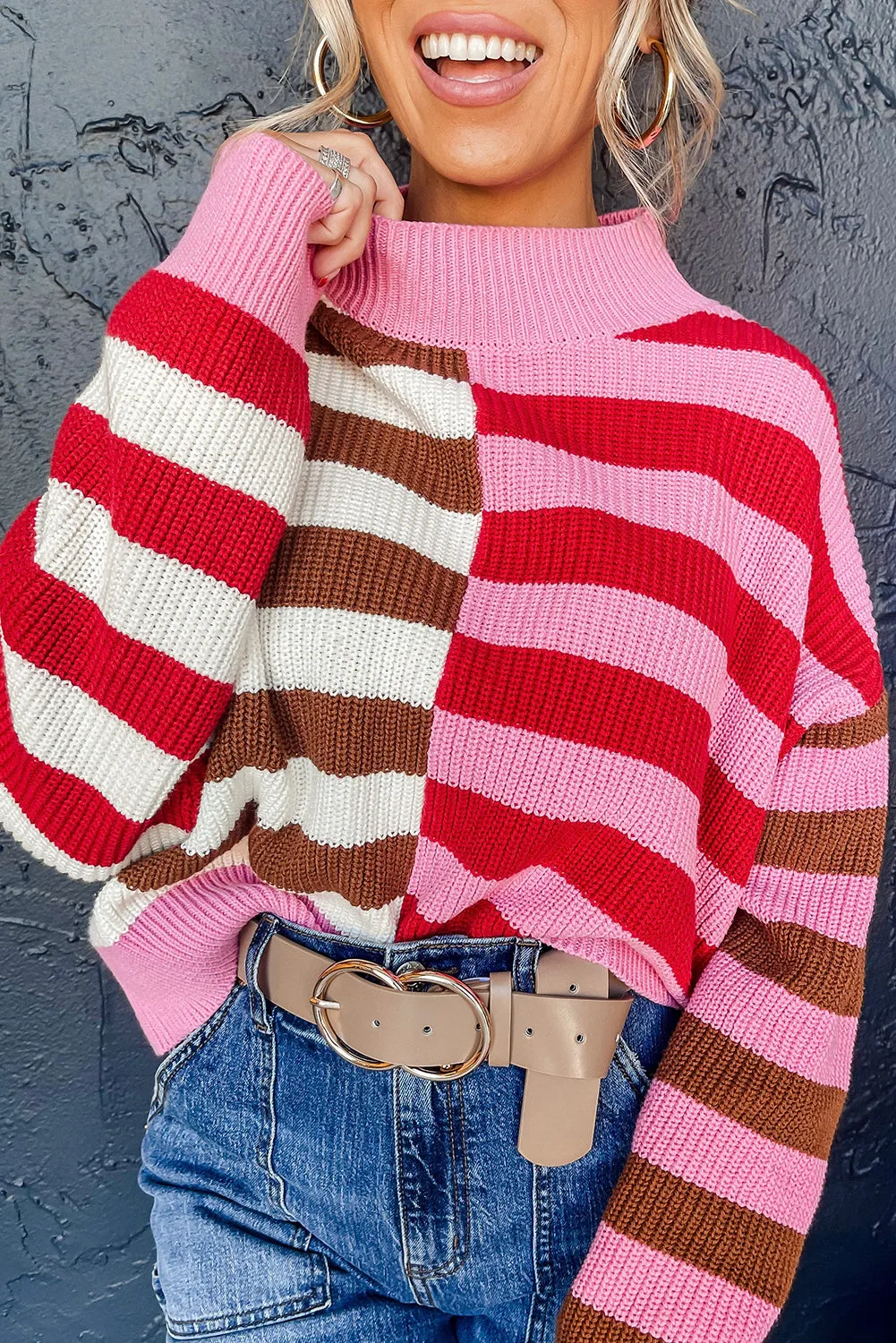 Pink Stripe Colour Block High Neck Drop Shoulder Loose Sweater sold by Beagle Boutique