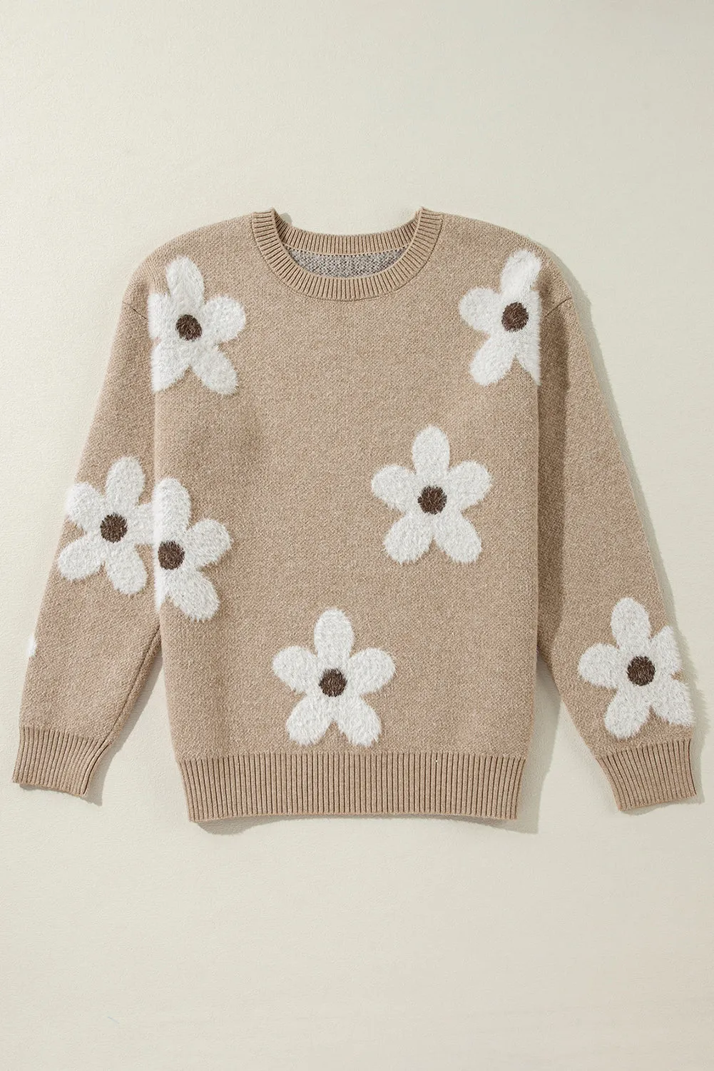 Parchment Flower Pattern Ribbed Trim Crew Neck Sweater sold by Beagle Boutique product image thumbnail 4