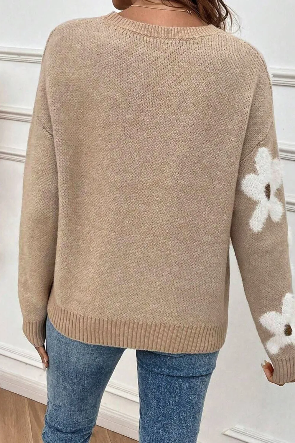 Parchment Flower Pattern Ribbed Trim Crew Neck Sweater sold by Beagle Boutique product image thumbnail 2