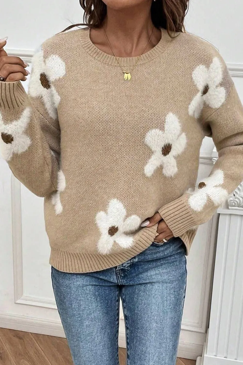 Parchment Flower Pattern Ribbed Trim Crew Neck Sweater sold by Beagle Boutique