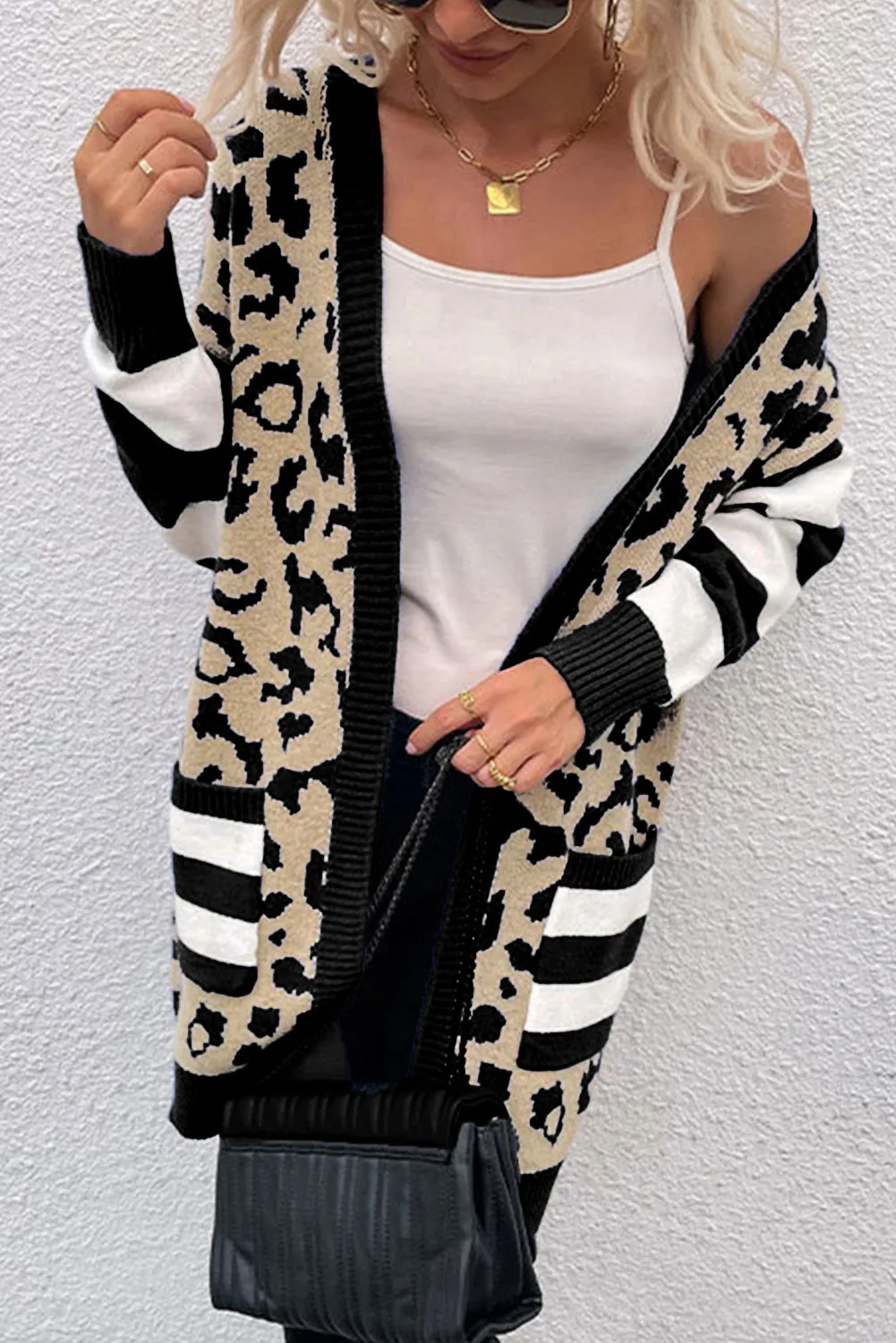 Black Stripe Sleeve Leopard Print Open Front Cardigan With Pockets sold by Beagle Boutique product image thumbnail 4
