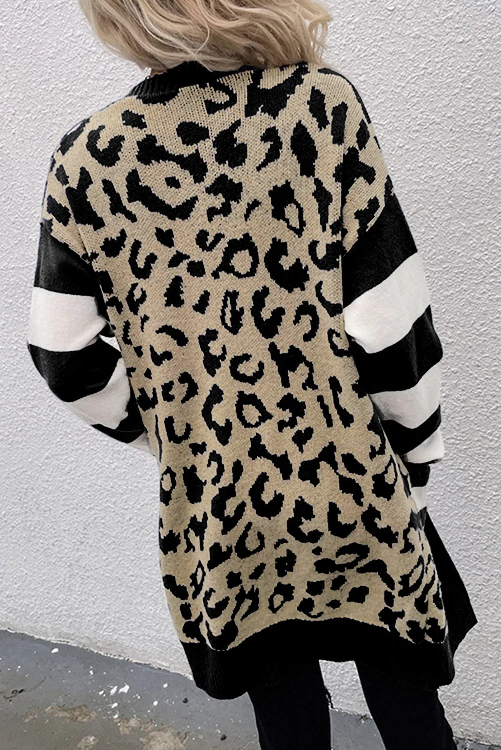 Black Stripe Sleeve Leopard Print Open Front Cardigan With Pockets sold by Beagle Boutique product image thumbnail 2