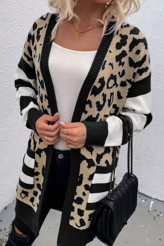 Black Stripe Sleeve Leopard Print Open Front Cardigan With Pockets sold by Beagle Boutique