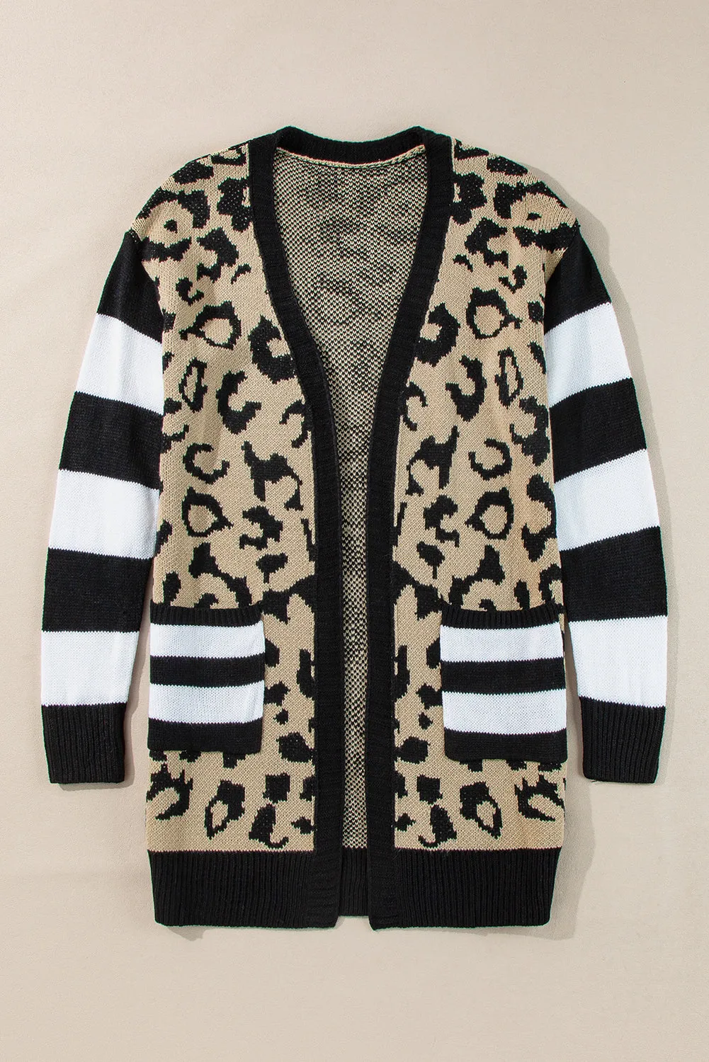 Black Stripe Sleeve Leopard Print Open Front Cardigan With Pockets sold by Beagle Boutique product image thumbnail 5