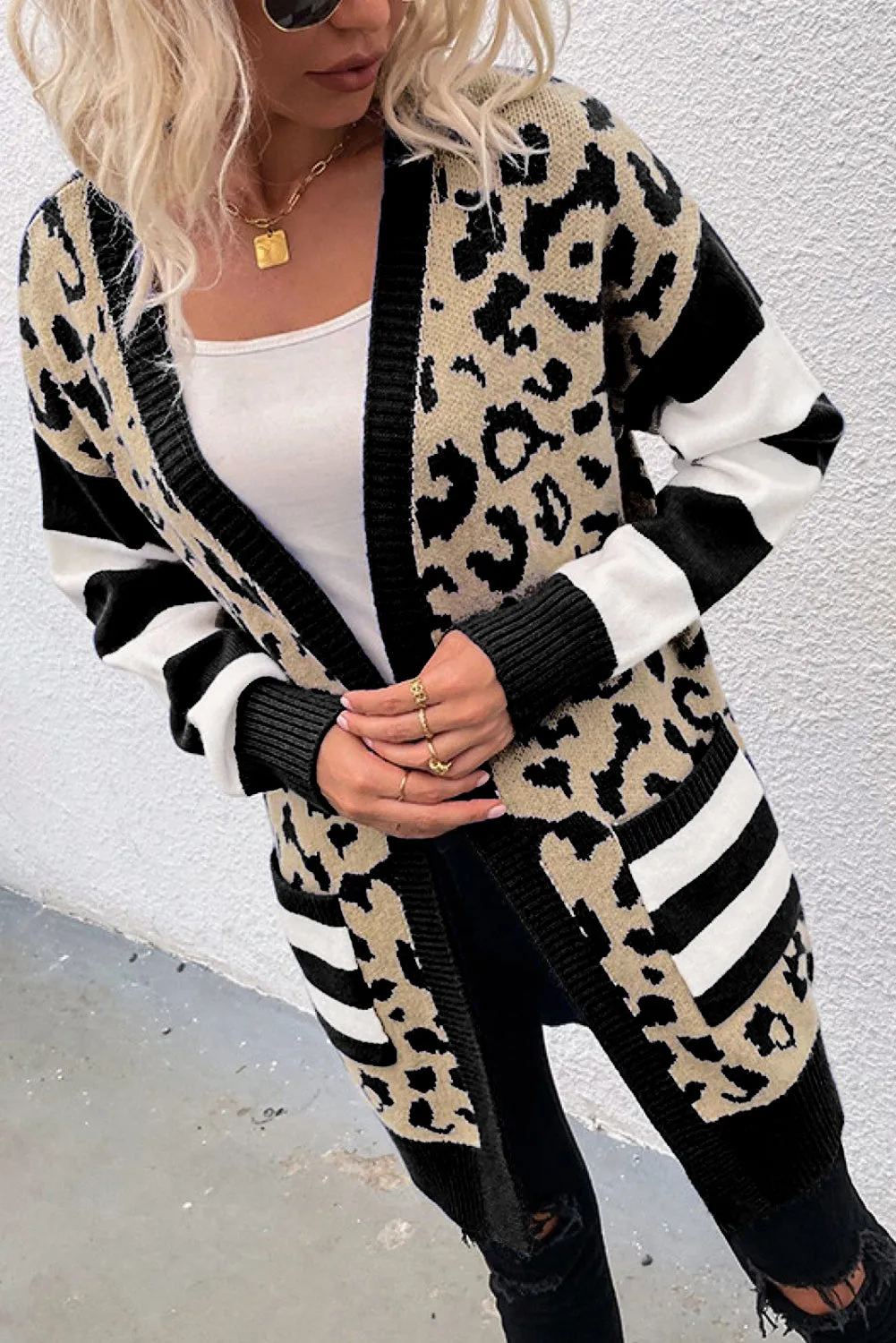 Black Stripe Sleeve Leopard Print Open Front Cardigan With Pockets sold by Beagle Boutique product image thumbnail 3