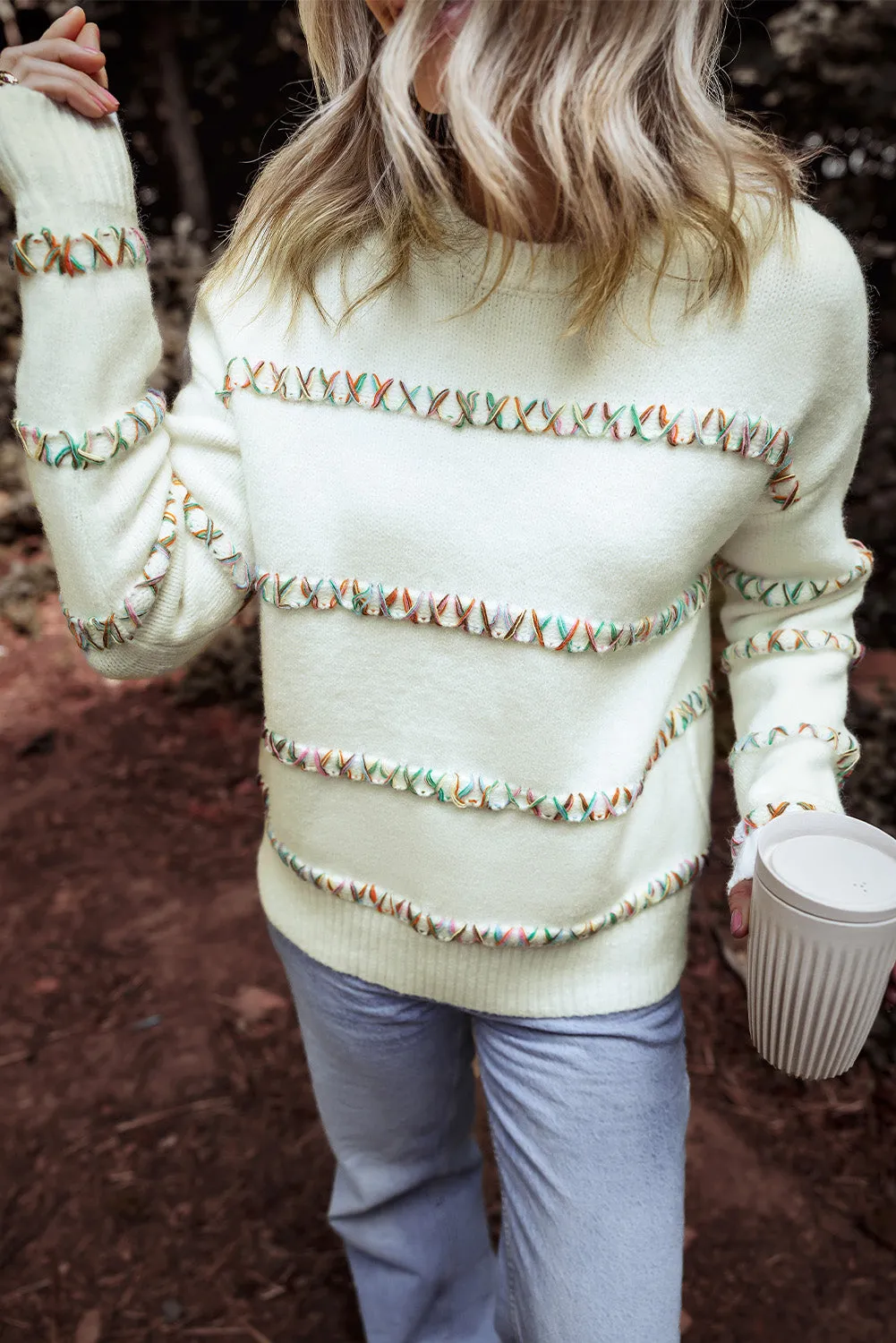 White Colourful Crossed Stitch Drop Shoulder Sweater sold by Beagle Boutique product image thumbnail 4