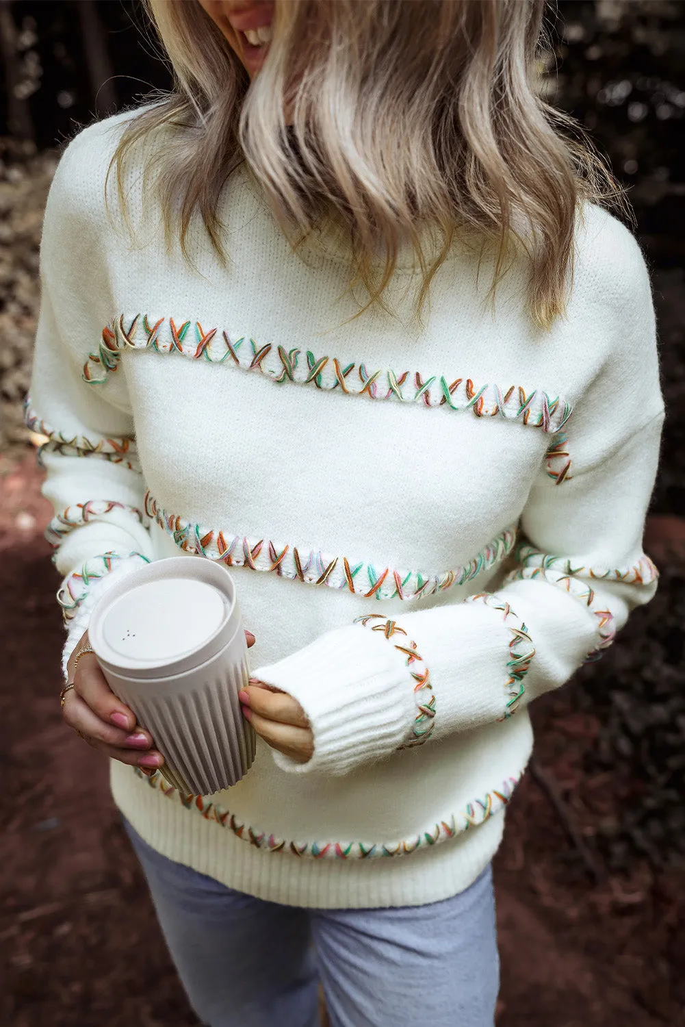 White Colourful Crossed Stitch Drop Shoulder Sweater sold by Beagle Boutique product image thumbnail 3