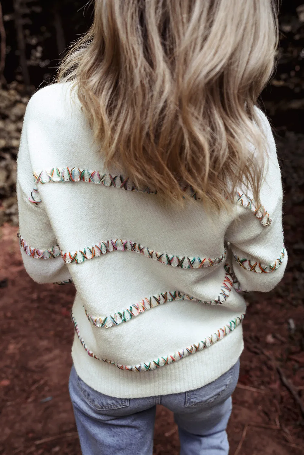 White Colourful Crossed Stitch Drop Shoulder Sweater sold by Beagle Boutique product image thumbnail 2