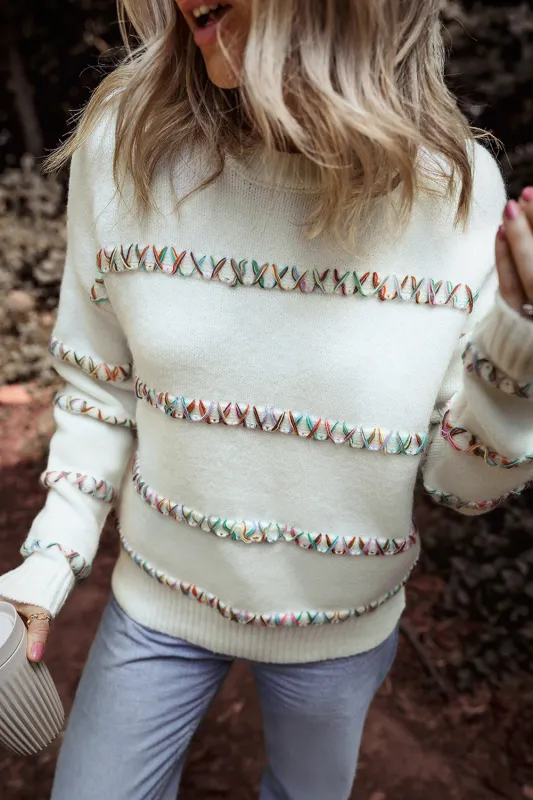 White Colourful Crossed Stitch Drop Shoulder Sweater made by eAura