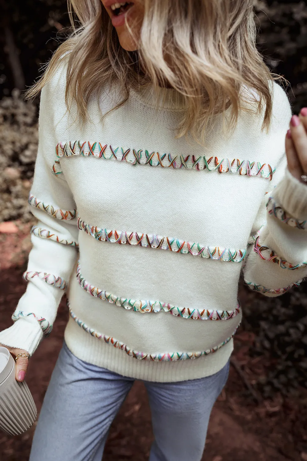 White Colourful Crossed Stitch Drop Shoulder Sweater sold by Beagle Boutique
