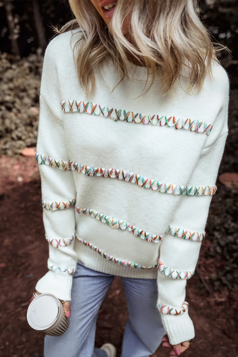 White Colourful Crossed Stitch Drop Shoulder Sweater sold by Beagle Boutique product image thumbnail 5