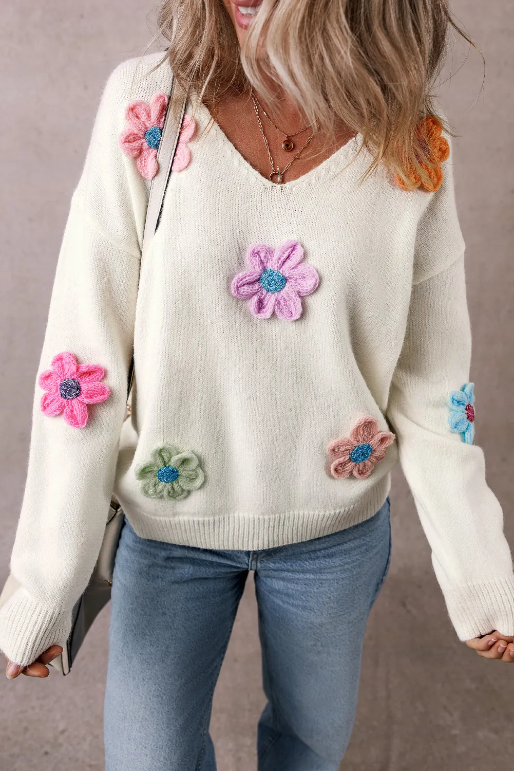 White Crochet Flower V Neck Sweater sold by Beagle Boutique product image thumbnail 4